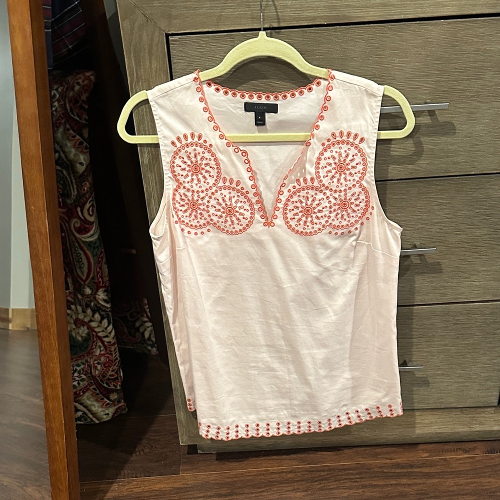 J. Crew Light Pink/Cream Tank Top with Orange Embroidery